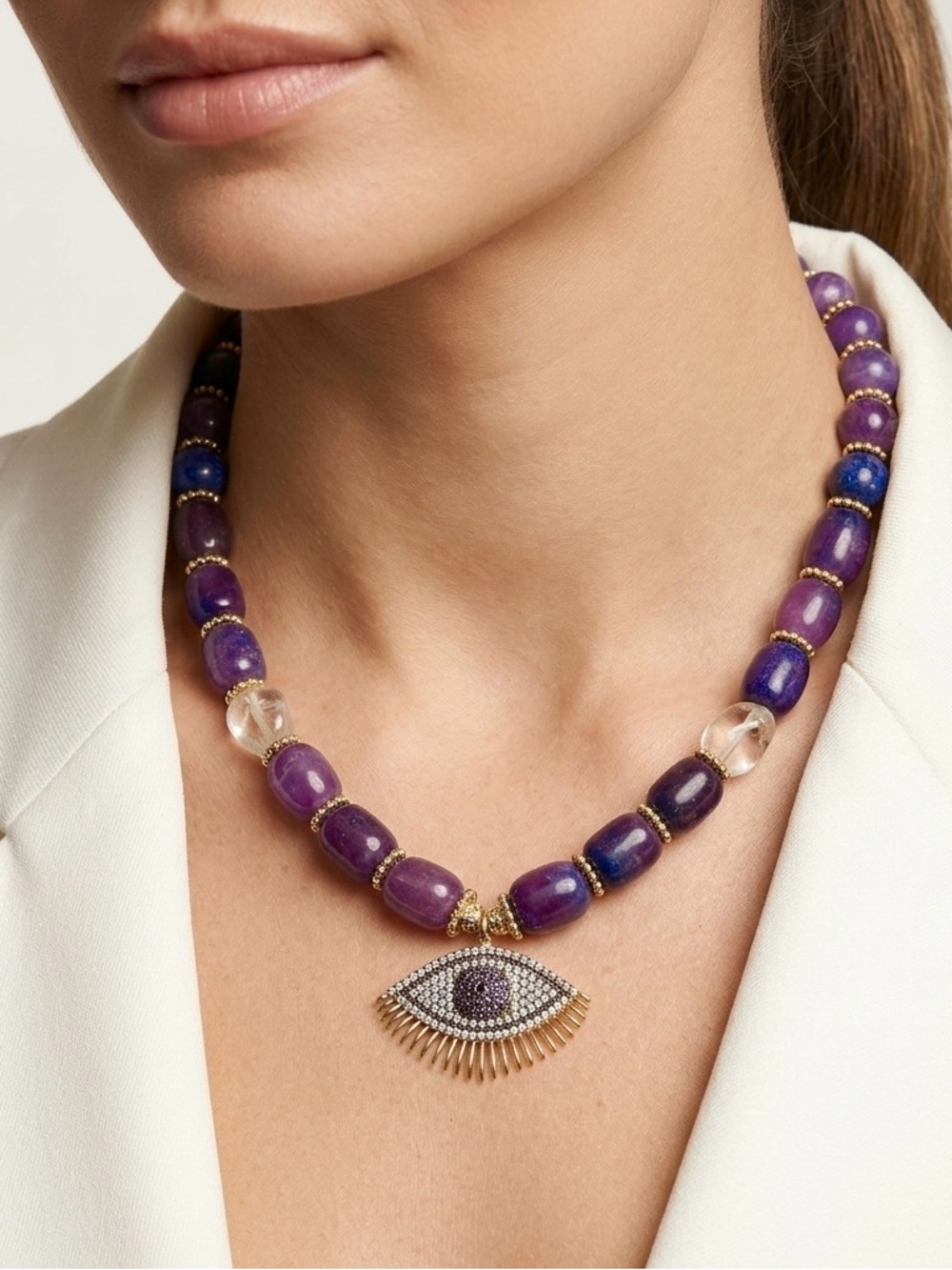Natural Agate Stone Gemstone Necklace w/ Purple Evil Eye | Handcrafted Jewelry